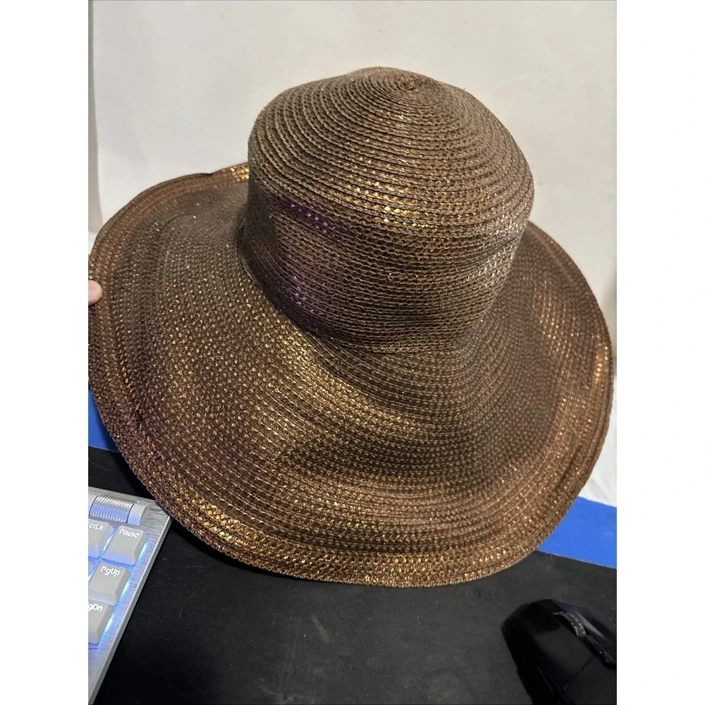 Kokin New York Brown Tan Wide Brim Woven Straw Sun Hat Shiny Hat 56cm, 22